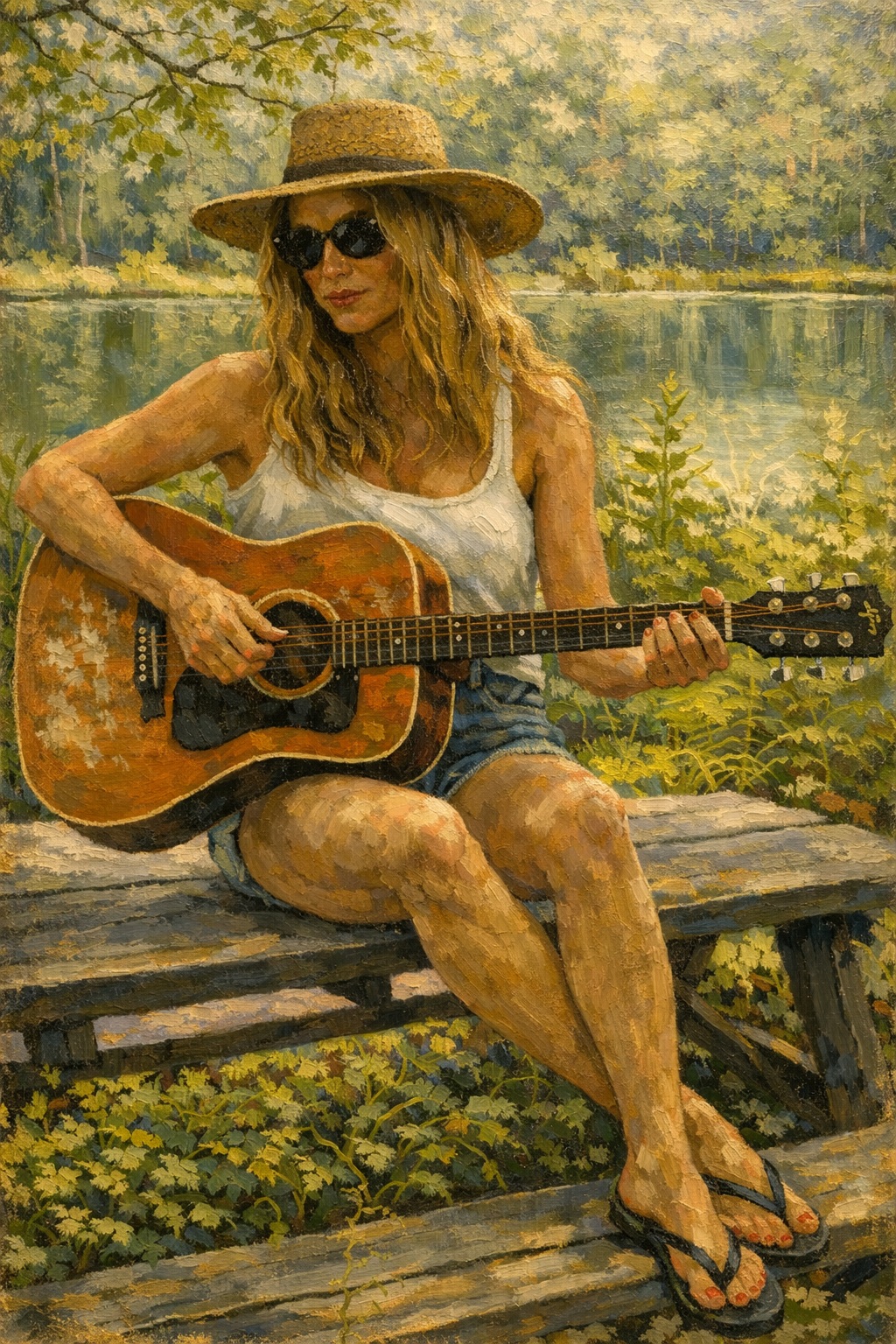 Kaydi Johnson playing guitar by the lake